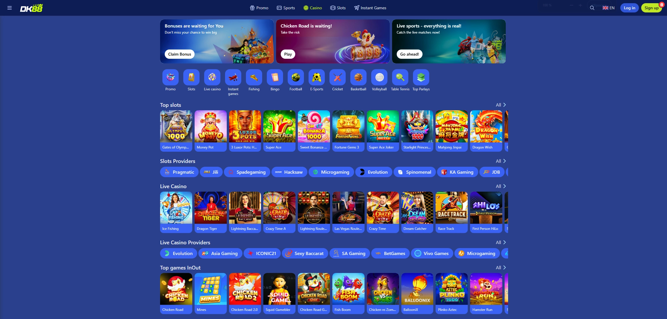 DK88 casino lobby with live dealers, slots, and table games
